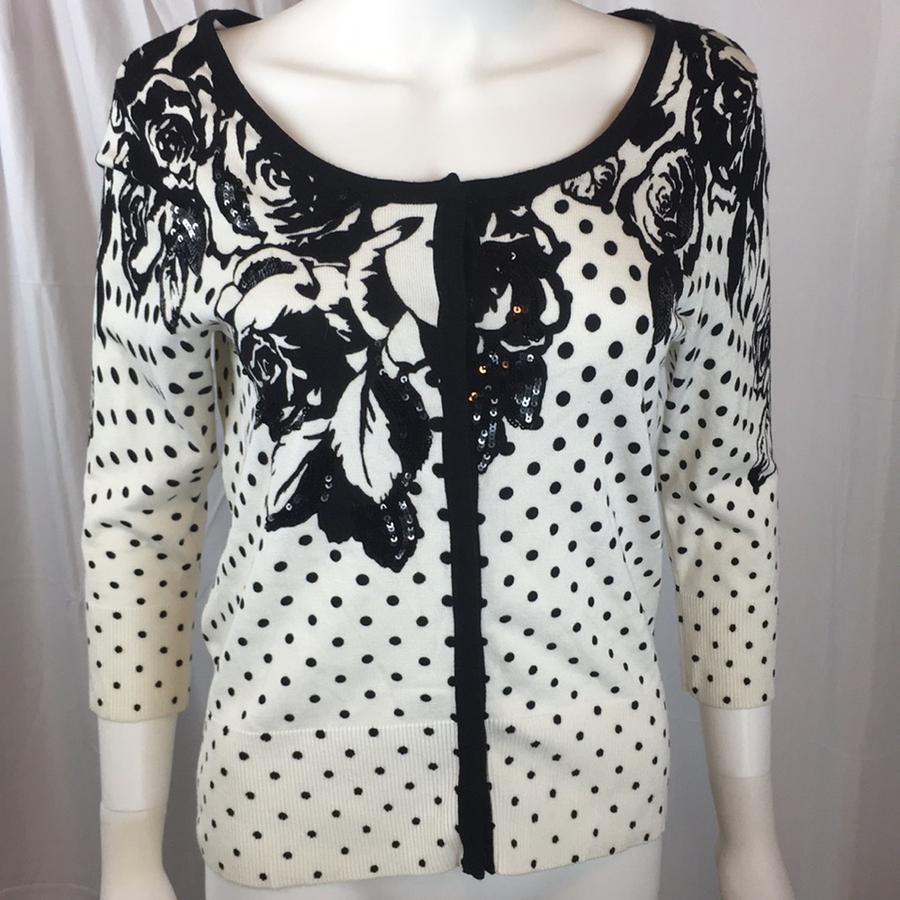 WHBM polka dot floral cardigan sweater 3/4 sleeve